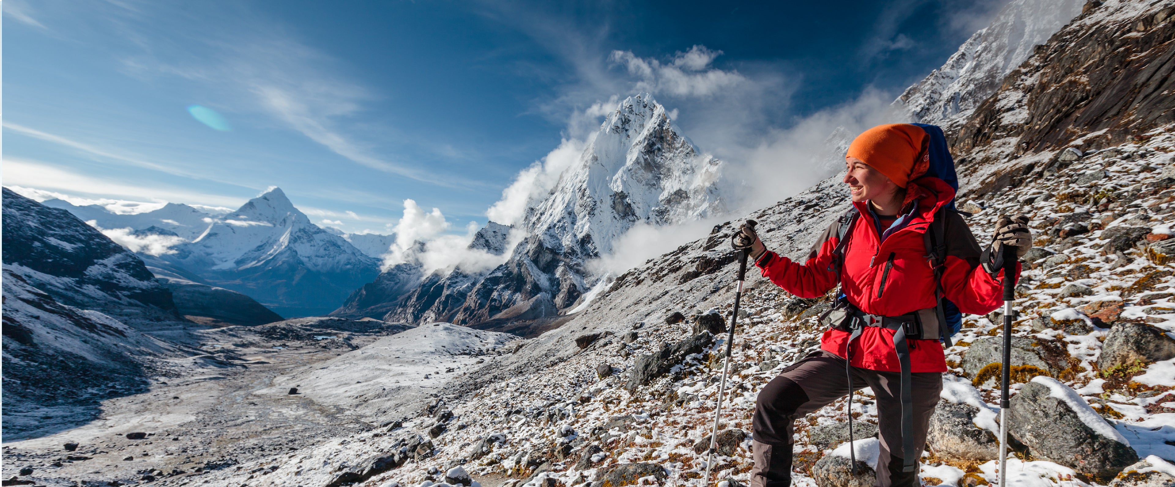 Woman hiking Mt. Everest happy