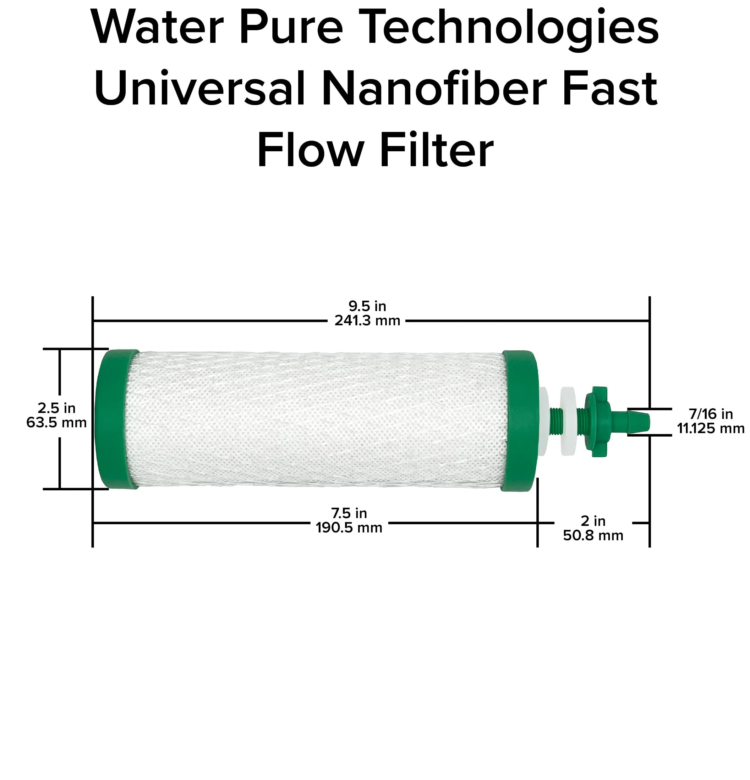 Measurement chart of Water Pure Technologies Universal Nanofiber Fast Flow Gravity Filter with dimensions.