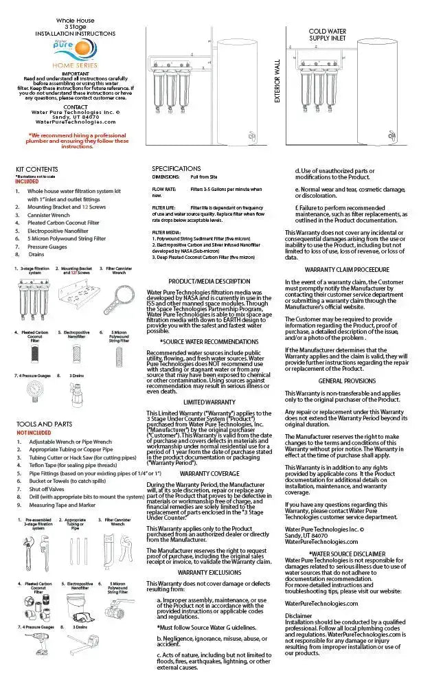 Instructions for Whole House Single Stage Sediment and Sale Water Filtration System