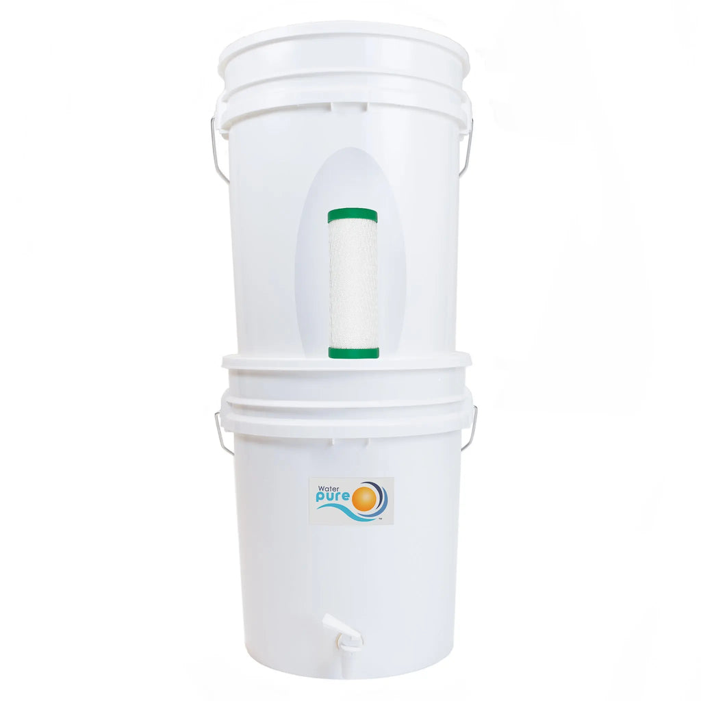 White water bucket filtration system with a visible brand logo with cutout to show nanofiber gravity flow filter on a white background
