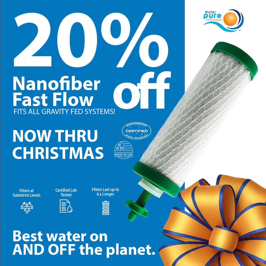 Advertisement for a water filter with a 20% off discount on a blue background.