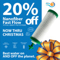 Advertisement for a water filter with a 20% off discount on a blue background.