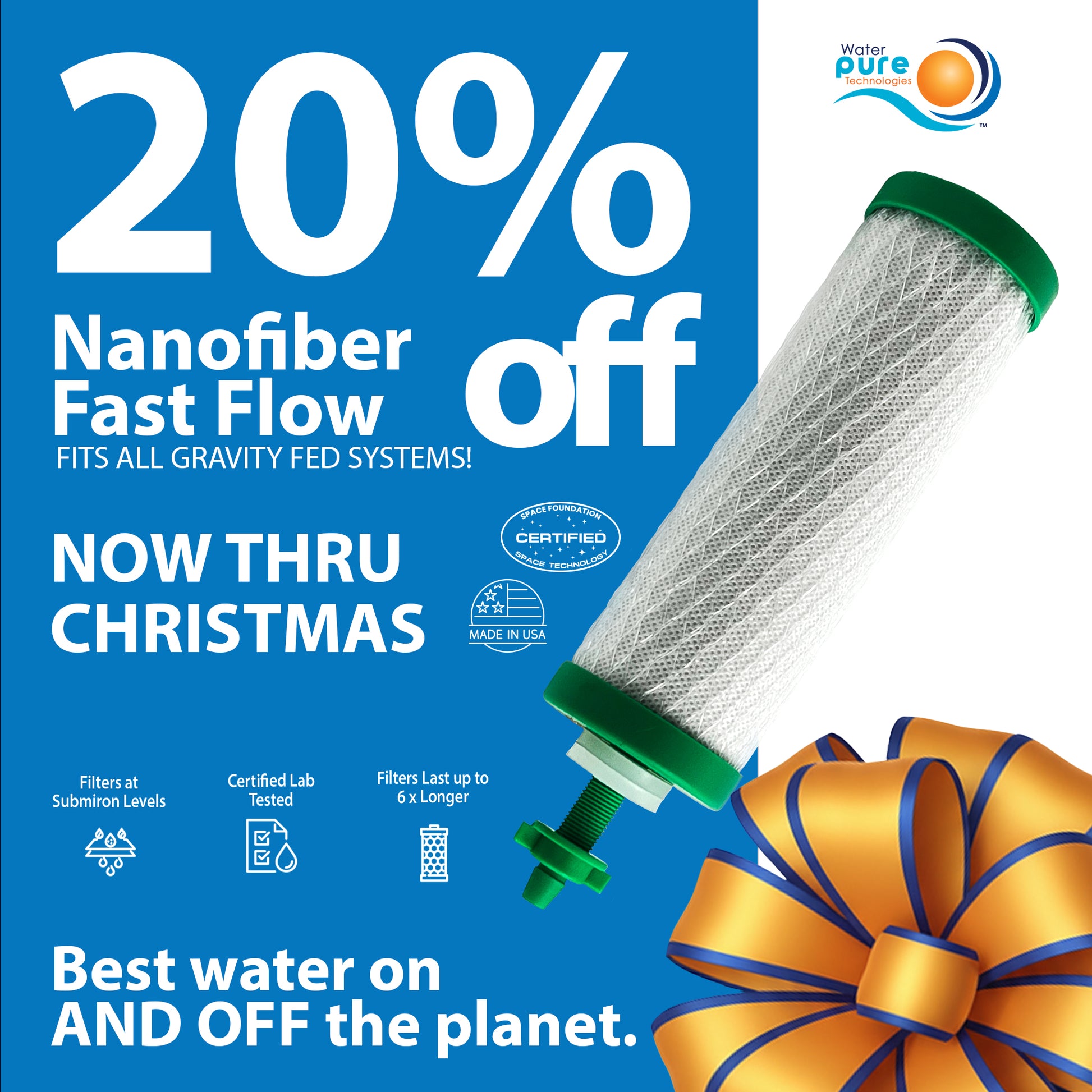 Advertisement for a water filter with a 20% off discount on a blue background.