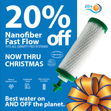 Advertisement for a water filter with a 20% off discount on a blue background.