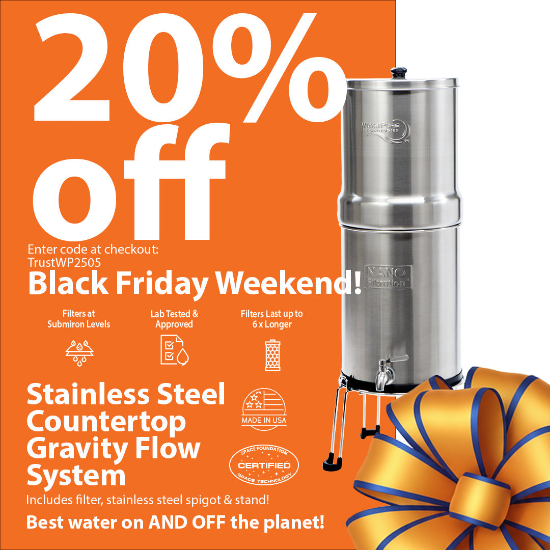 Stainless Steel Gravity Countertop Water Filtration System - 2 Sizes 2.4 and 3.3 Gallon using Nano Technology Water Pure Technologies, Inc.