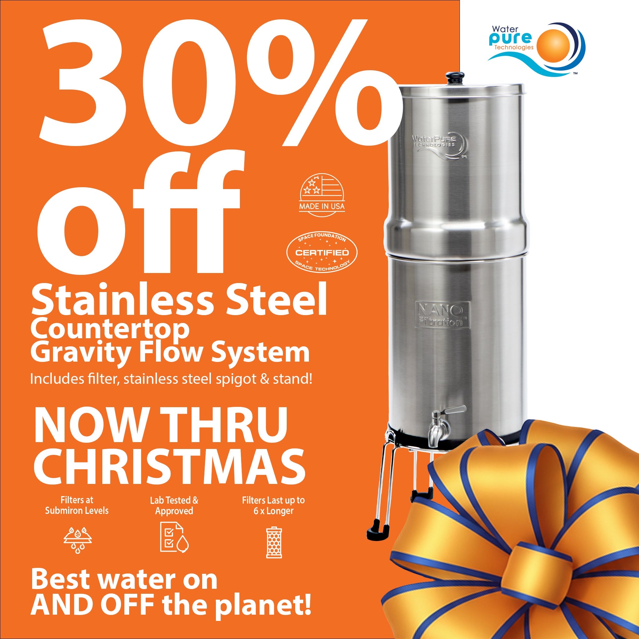 Stainless Steel Gravity Countertop Water Filtration System - 2 Sizes 2.4 and 3.3 Gallon using Nano Technology Water Pure Technologies, Inc.