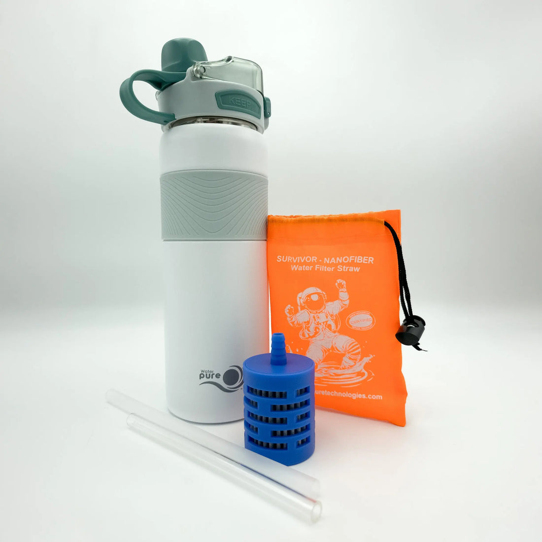Survivor sippy bottle with filtered straw and easy to find carry bag
