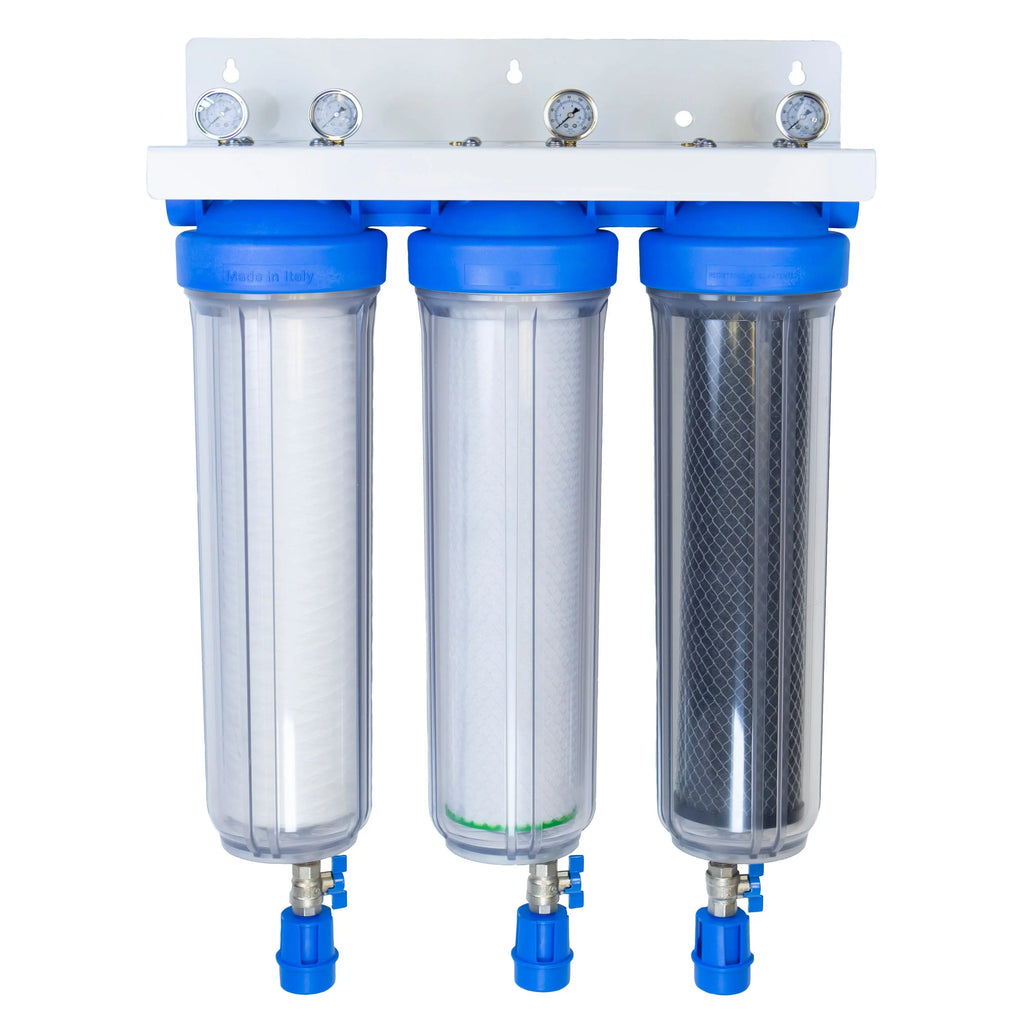 Water Pure Technologies Whole House three-stage water filtration system with carbon pac, sediment filter and electropositive nanoniber filter
