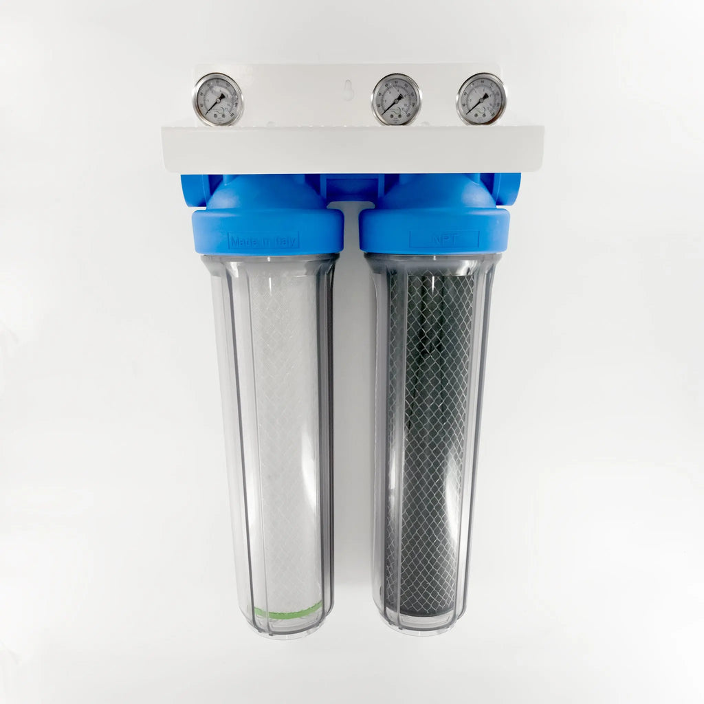 2 Stage Whole House Water Filtration System with Electropositive Nanofiber Fast Flow and Deep Pleated Coconut Carbon Filters