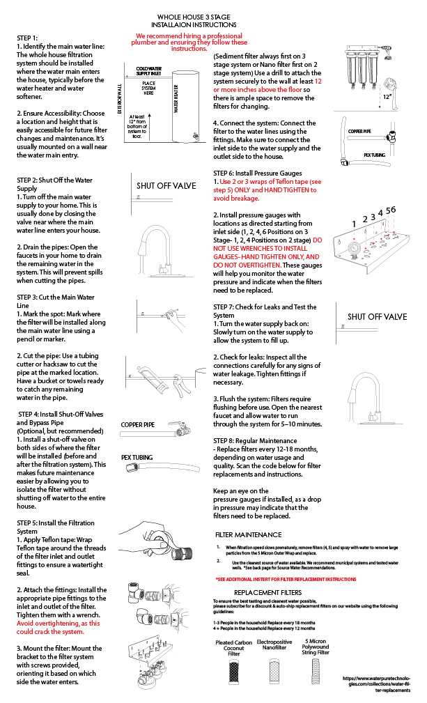 Installation and operating instructions for whole house systems. Works for 1, 2, and 3 Stage whole house water filtration systems.