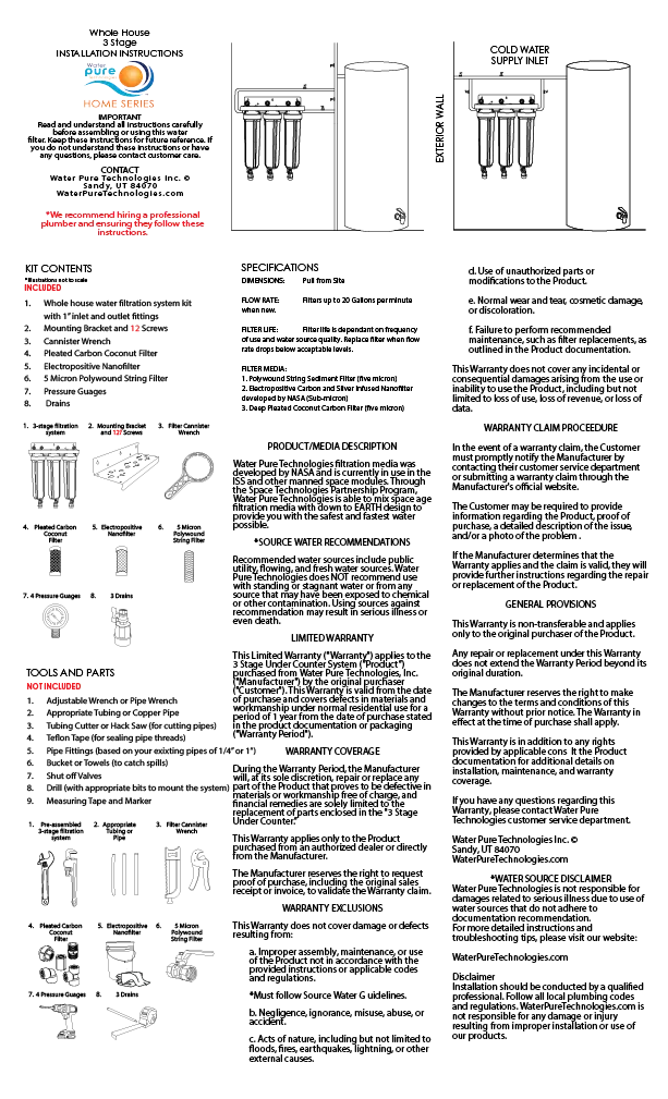 Warranties and Instructions for whole house systems. Works for 1, 2, and 3 Stage whole house water filtration systems.