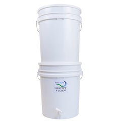 Comes with Gravity Filter, 2 pails & 2 lids (pre-drilled), plus spigot assembly