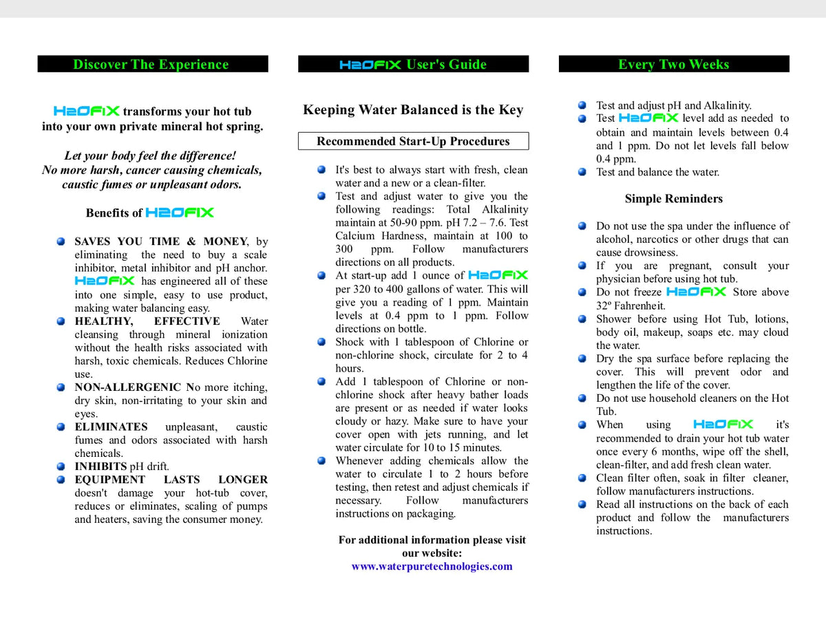 H2O FiX - Water Conditioner Treatment for Hot Tub and Jetted Tub/Spa/Jetted Bath - Water Pure Technologies, Inc.