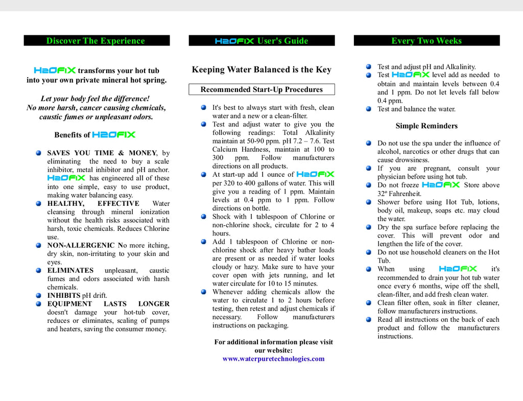 H2O FiX - Water Conditioner Treatment for Hot Tub and Jetted Tub/Spa/Jetted Bath - Water Pure Technologies, Inc.